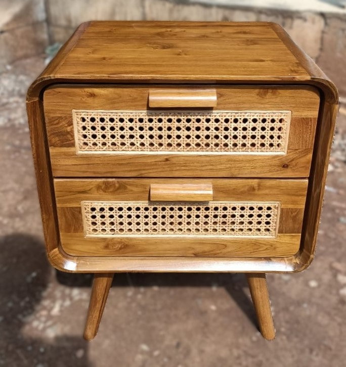 Teak & Rattan Bedside Table